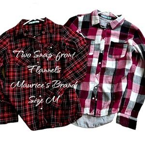 Two Maurice’s brand plaid snap-front flannels; size M